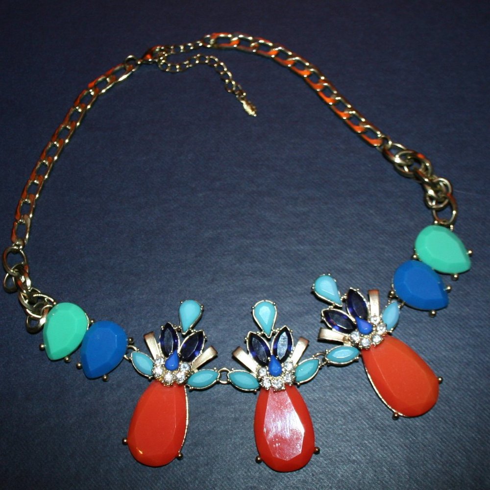 Blue, turquoise, orange color accent faux stones, Statement Necklace